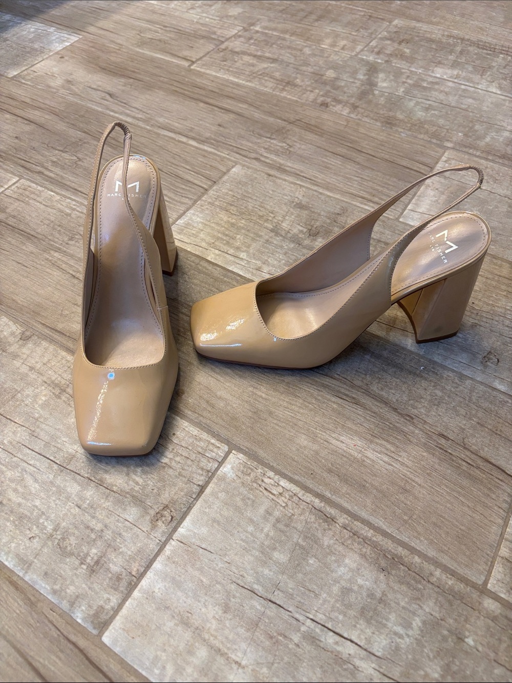 Marc Fisher Beige Patent Slingback Block Heel Pumps